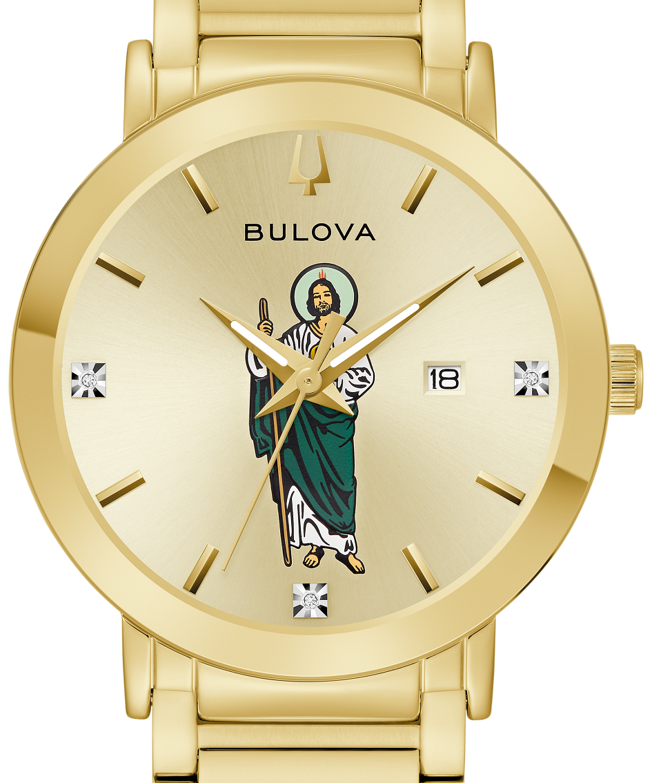 A gold-tone Bulova stainless steel watch with a gold dial and a central religious icon illustration of Jesus. The watch features a matching gold-tone metal link bracelet, gold-tone hands and markers, and crystal accents at the 3 and 9 o'clock positions.