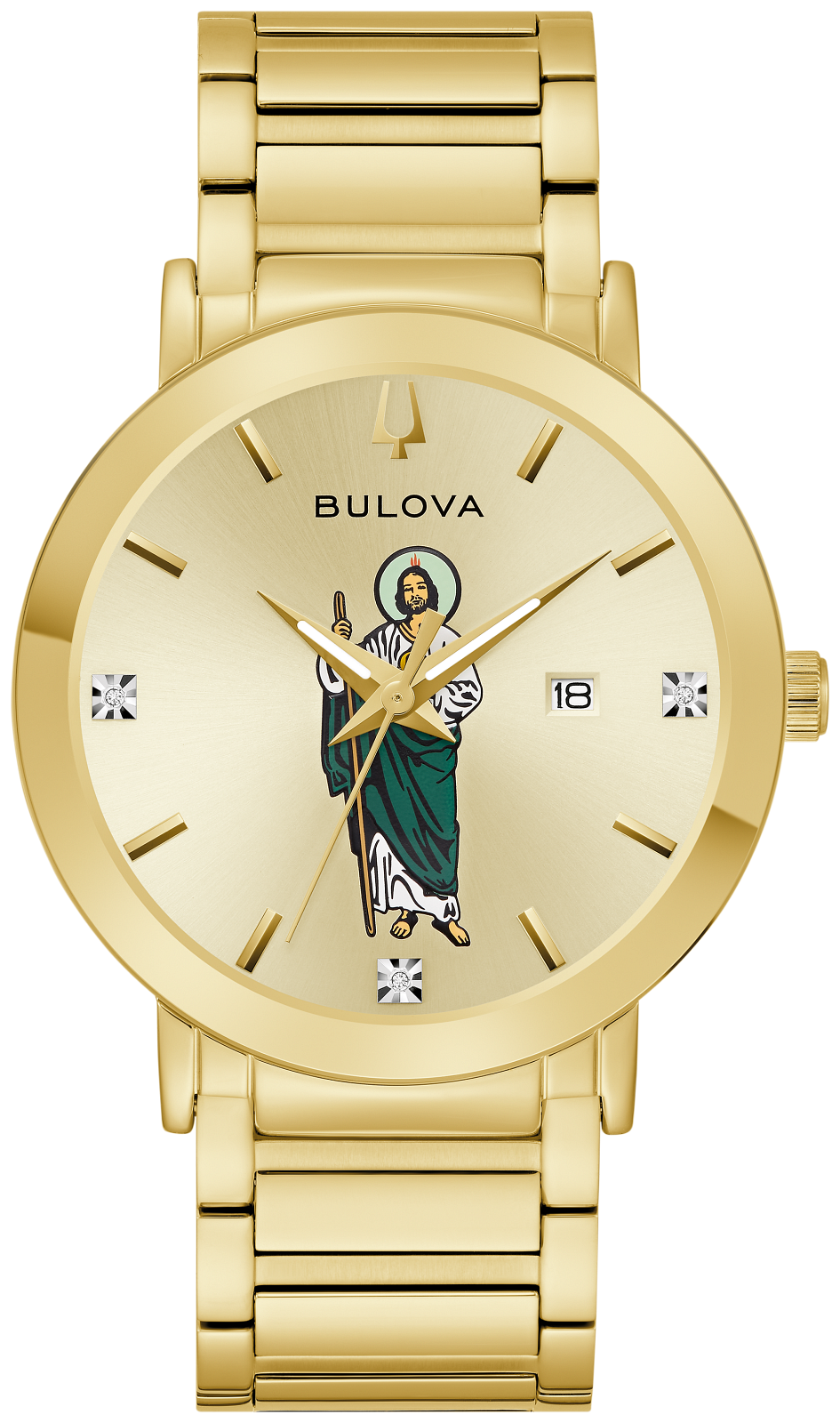 A gold-tone Bulova stainless steel watch with a gold dial and a central religious icon illustration of Jesus. The watch features a matching gold-tone metal link bracelet, gold-tone hands and markers, and crystal accents at the 3 and 9 o'clock positions.