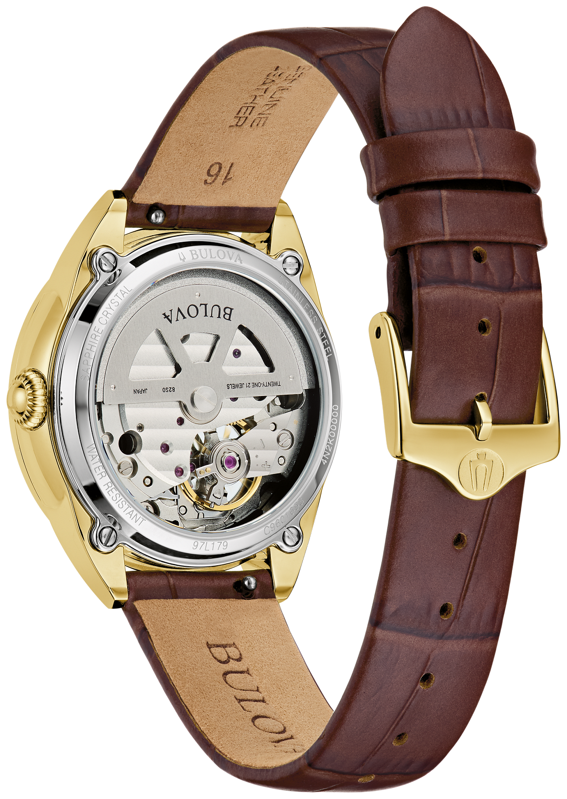 Bulova watch with brown leather strap and gold case on white background