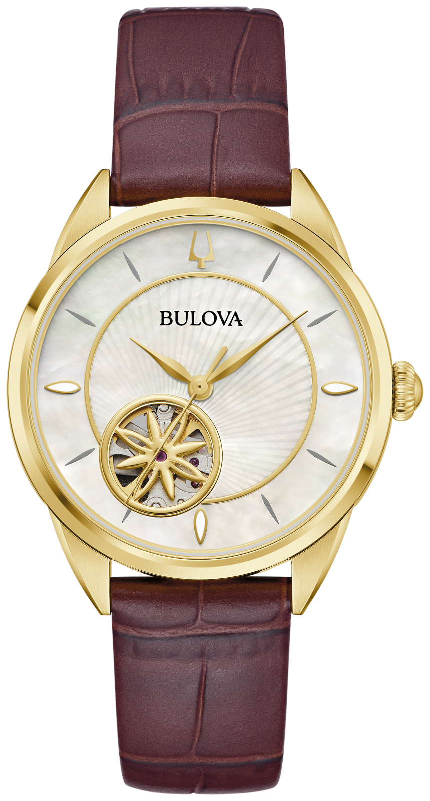 A Bulova wristwatch with a gold-tone case, mother-of-pearl dial, and a brown alligator leather strap, shown on a solid white background.