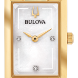 A Bulova women's watch featuring a gold-tone stainless steel case and integrated bracelet, with a white mother-of-pearl dial and gold-tone hands.