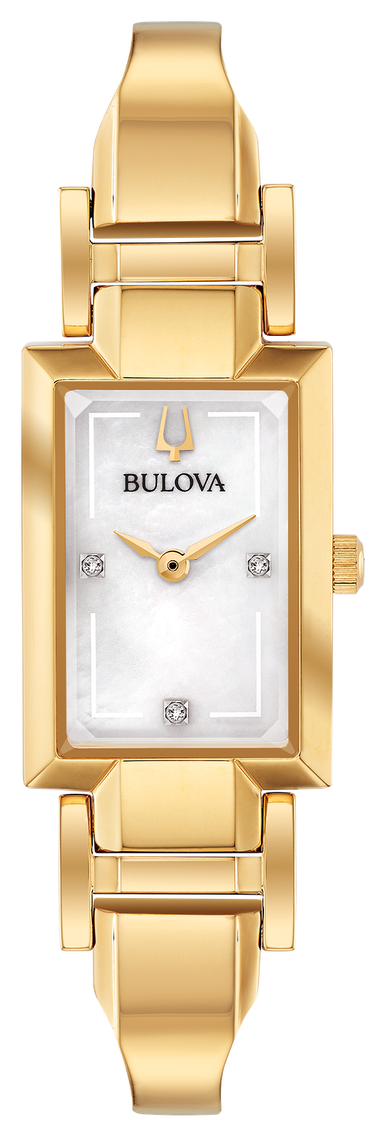 A Bulova women's watch featuring a gold-tone stainless steel case and integrated bracelet, with a white mother-of-pearl dial and gold-tone hands.