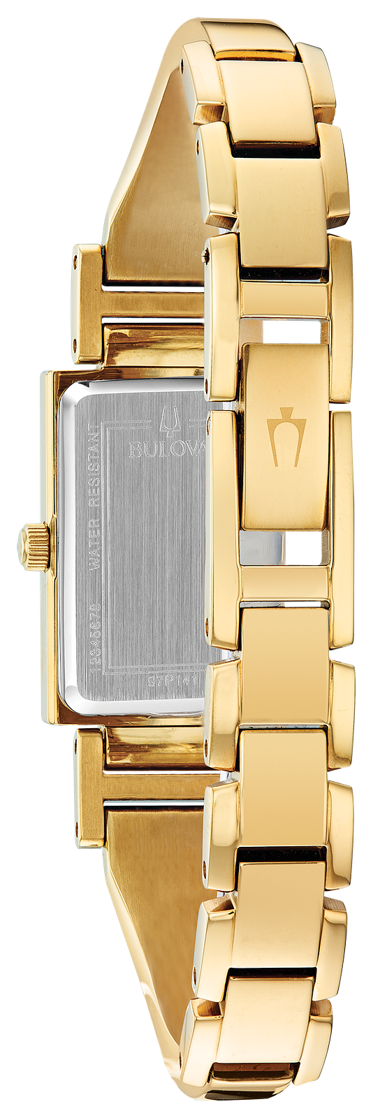 Gold-tone stainless steel women's watch with a rectangular case and integrated link bracelet, shown from the back on a white background.