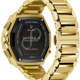 A gold-tone Bulova Series X Precisionist watch with a black dial and matching gold-tone metal bracelet, shown on a plain white background.