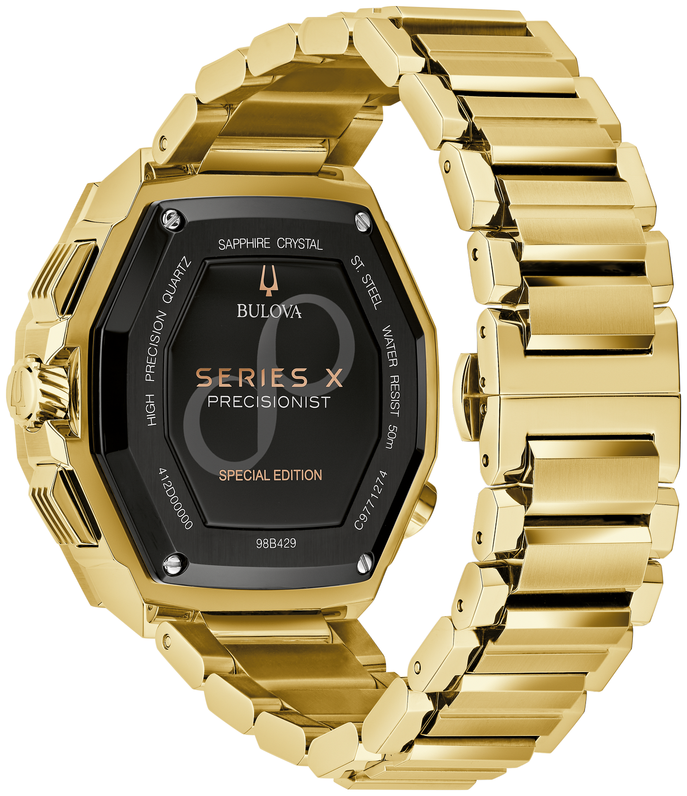 A gold-tone Bulova Series X Precisionist watch with a black dial and matching gold-tone metal bracelet, shown on a plain white background.