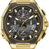 Gold wristwatch with a detailed face on a black background