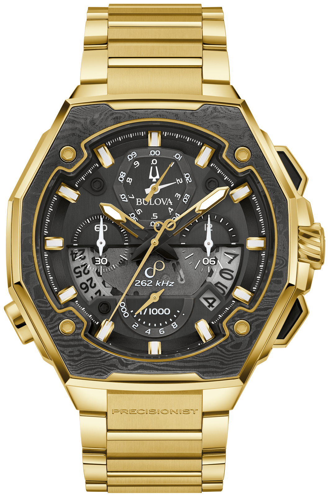 Gold wristwatch with a detailed face on a black background