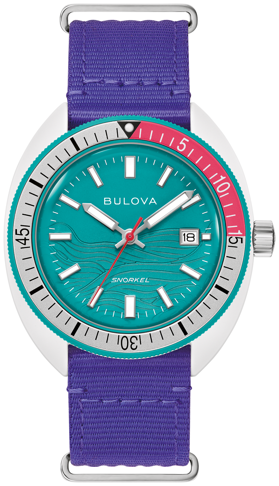A Bulova Snorkel watch featuring a vibrant purple fabric strap, a turquoise dial with wave patterns, a silver-tone case, and a bezel with a red outer ring.