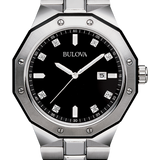 A Bulova stainless steel watch with an octagonal bezel, black dial, and silver link bracelet, shown against a plain white background.