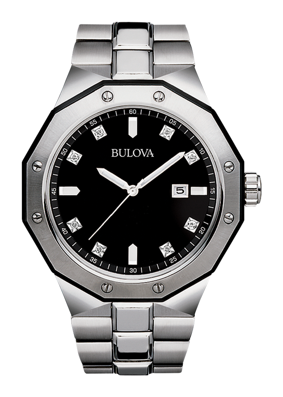 A Bulova stainless steel watch with an octagonal bezel, black dial, and silver link bracelet, shown against a plain white background.