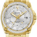 A gold-plated Bulova Precision watch with a silver-white dial, diamond accents, and a bezel-set diamond ring, shown on a clean white background.