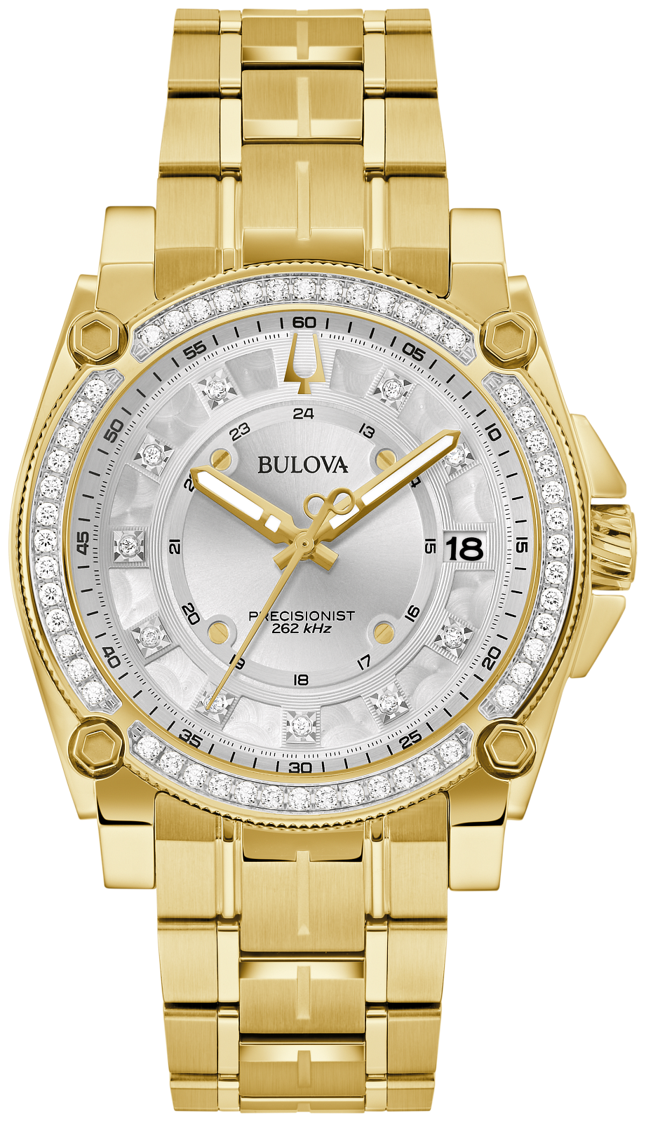 A gold-plated Bulova Precision watch with a silver-white dial, diamond accents, and a bezel-set diamond ring, shown on a clean white background.
