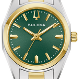 A Bulova women's two-tone watch with a green dial, gold-tone hands and markers, and a silver-and-gold link bracelet.