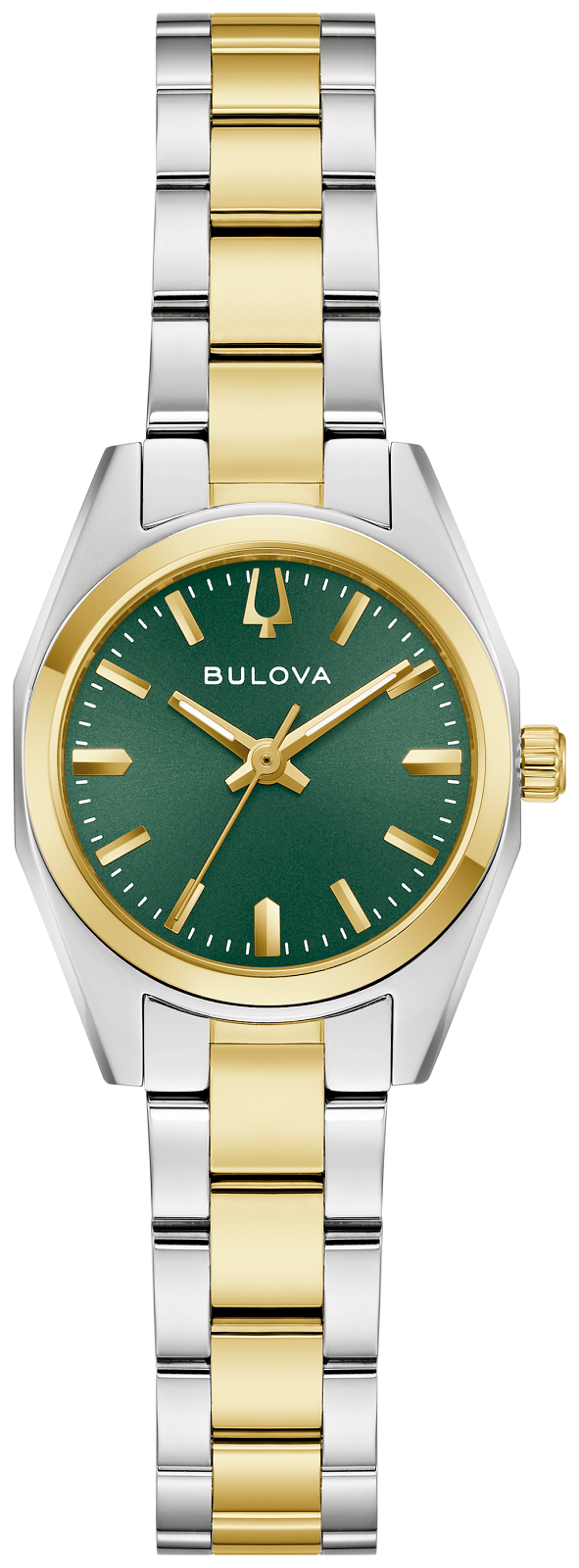 A Bulova women's two-tone watch with a green dial, gold-tone hands and markers, and a silver-and-gold link bracelet.