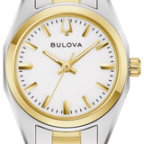 A Bulova women's two-tone watch with a silver and gold metal link bracelet, a gold bezel, and a white dial with gold hands and markers.