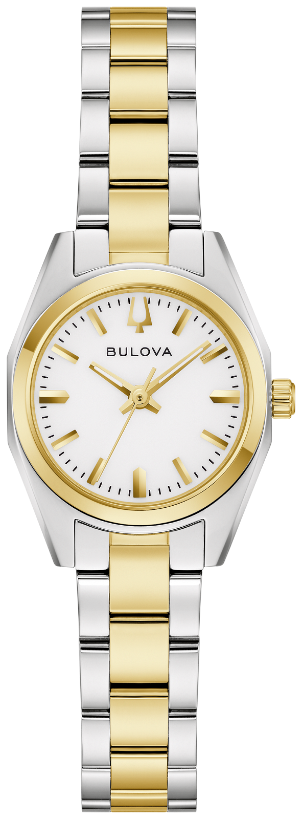 A Bulova women's two-tone watch with a silver and gold metal link bracelet, a gold bezel, and a white dial with gold hands and markers.