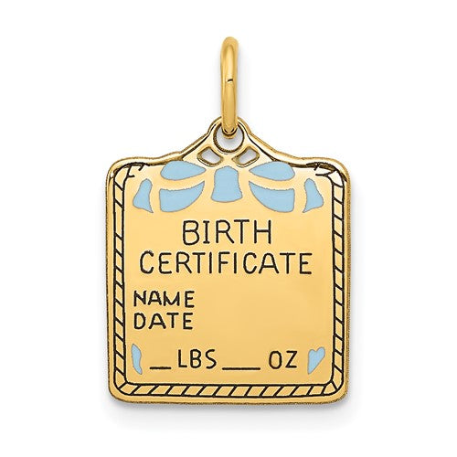 14k-enameled-blue-engravable-birth-certificate-charm-SolomonJeweler-Wichita-KS-CustomJewelry