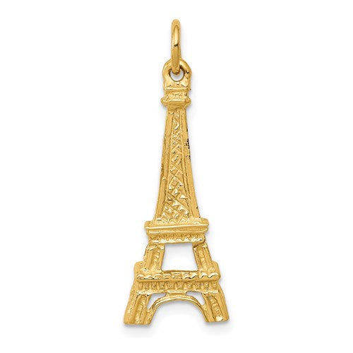 Gold 14k Eiffel Tower charm pendant from Solomon Jewelers, detailed miniature jewelry piece on a white background.