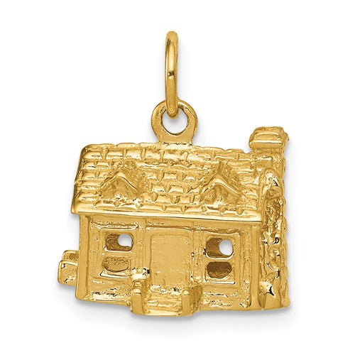 14k gold 3-D house charm pendant featuring detailed craftsmanship, ideal for necklaces or bracelets.