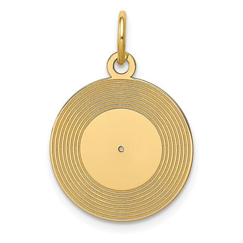 Gold 14k record album charm pendant from Solomon Jewelers, featuring a detailed miniature record design in a stylish jewelry piece.