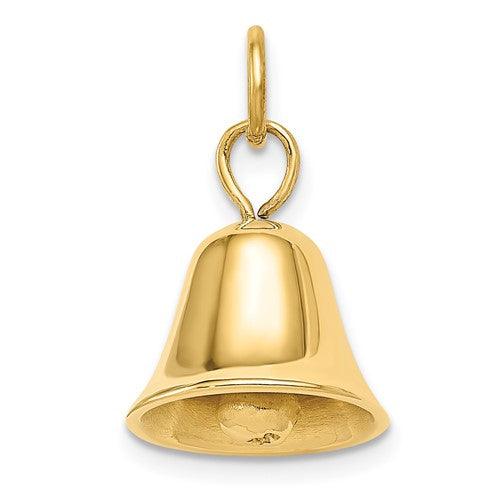 14k gold moveable 3D wedding bell charm, elegant pendant from Solomon Jewelers, featuring detailed craftsmanship and a shiny finish.