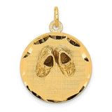 14k gold small solid baby shoes on disc charm, engravable pendant for jewelry, crafted by Solomon Jewelers.