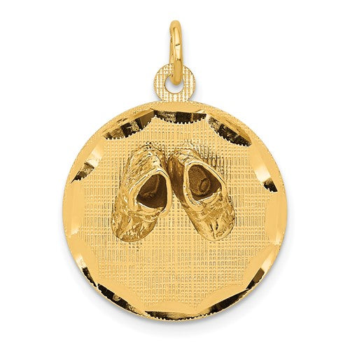 14k gold small solid baby shoes on disc charm, engravable pendant for jewelry, crafted by Solomon Jewelers.