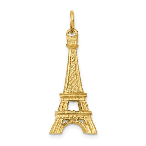 14K gold Eiffel Tower charm from Solomon Jewelers, detailed 3D pendant with intricate design for necklaces or bracelets