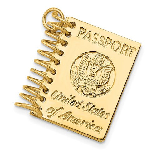 14k gold passport opens charm pendant with 3D design, perfect for jewelry and charm collections.