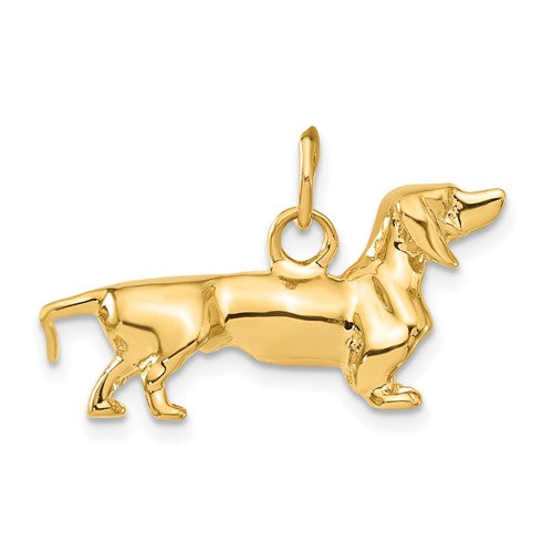 14k gold Dachshund dog charm pendant with detailed 3D design, part of Solomon Jewelers' collection of gold pendants and charms.