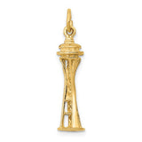 Gold 14k Space Needle charm pendant from Solomon Jewelers, featuring a detailed 3D space needle design on a smooth gold surface.