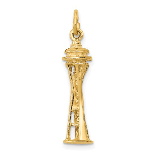 Gold 14k Space Needle charm pendant from Solomon Jewelers, featuring a detailed 3D space needle design on a smooth gold surface.