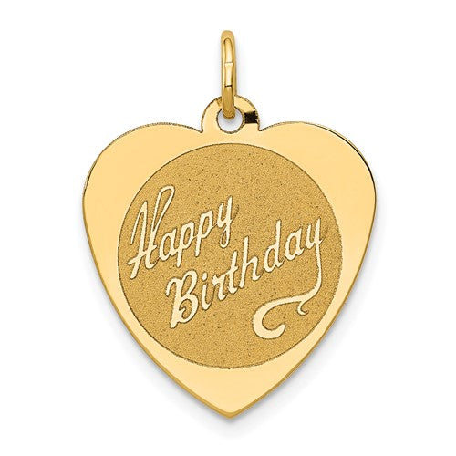 14k gold heart disc charm with "Happy Birthday" engraving, perfect as a jewelry pendant or charm from Solomon Jewelers