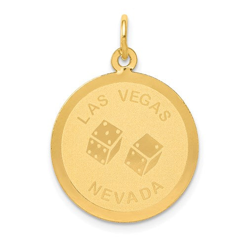 14k gold Las Vegas disc charm pendant with engraved detailing, crafted by Solomon Jewelers.