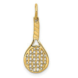 14k gold racquet charm pendant from Solomon Jewelers, detailed tennis racquet design for jewelry and accessories.