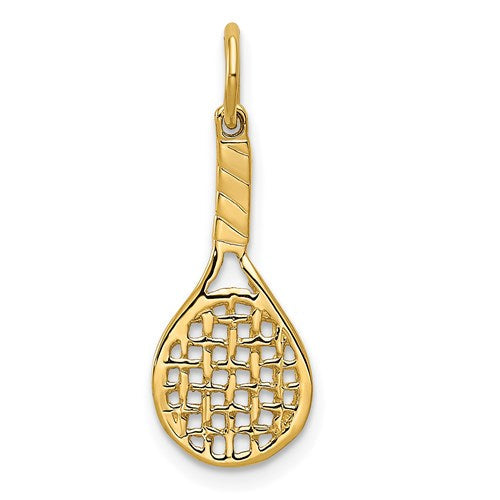14k gold racquet charm pendant from Solomon Jewelers, detailed tennis racquet design for jewelry and accessories.