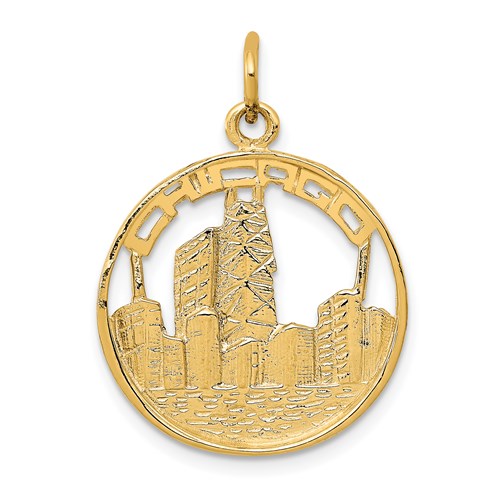 14k gold Chicago skyline charm pendant, detailed cityscape design, from Solomon Jewelers, ideal for bracelets or necklaces.