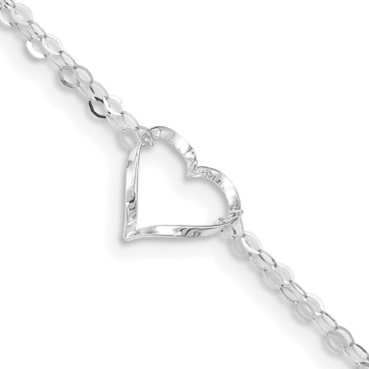 14k White Gold Double Strand Heart 9in Plus 1in ext. Anklet - Solomon Jewelers