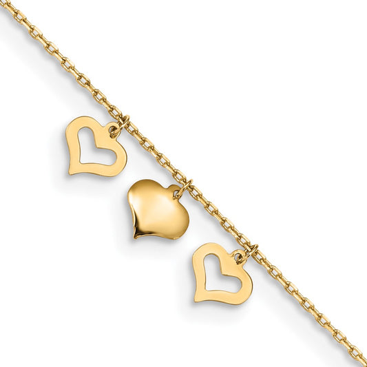 14k 3 Hearts 9in Plus 1in Extension Anklet - Solomon Jewelers