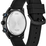 Citizen Neozio watch shown from the back, featuring a black stainless steel case, black silicone strap, and a brushed silver-tone back cover.