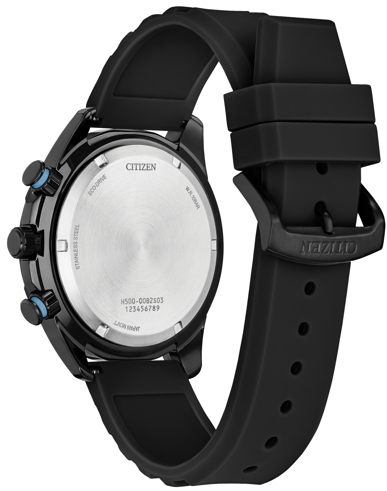 Citizen Neozio watch shown from the back, featuring a black stainless steel case, black silicone strap, and a brushed silver-tone back cover.
