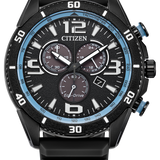 Citizen Eco-Drive Chronograph watch with a black case, black strap, and a black dial featuring a bright blue inner bezel ring and white Arabic numerals.