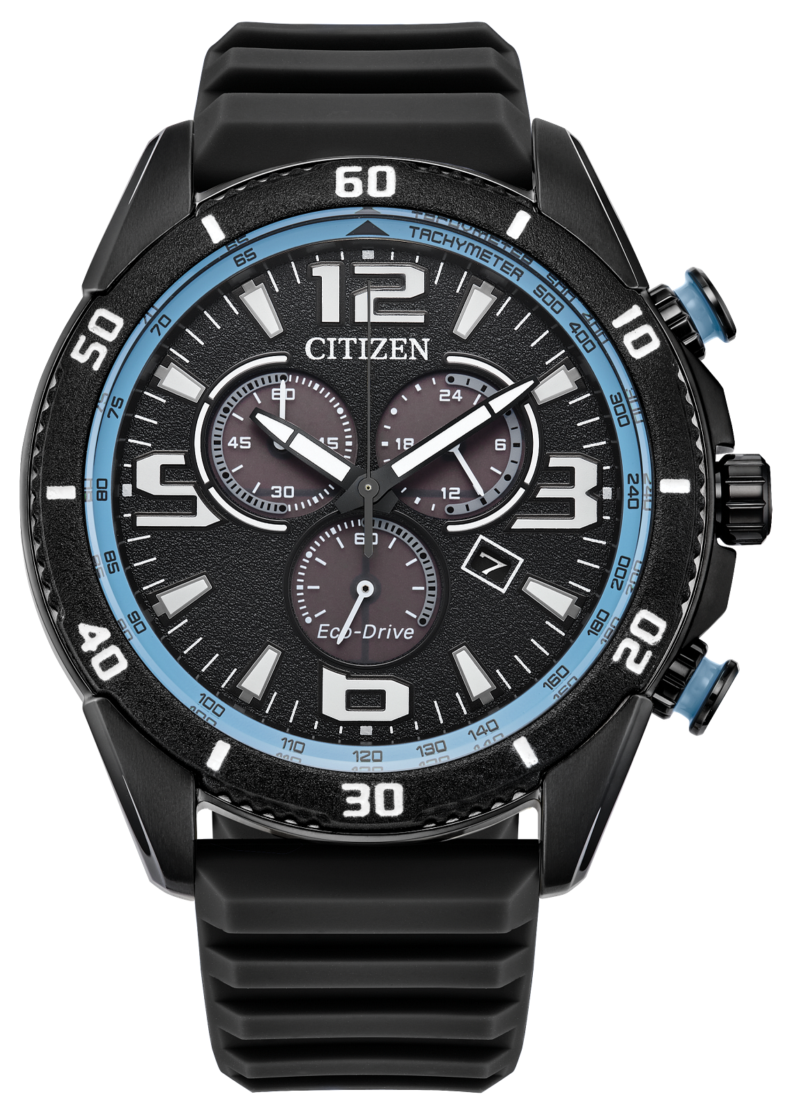 Citizen Eco-Drive Chronograph watch with a black case, black strap, and a black dial featuring a bright blue inner bezel ring and white Arabic numerals.