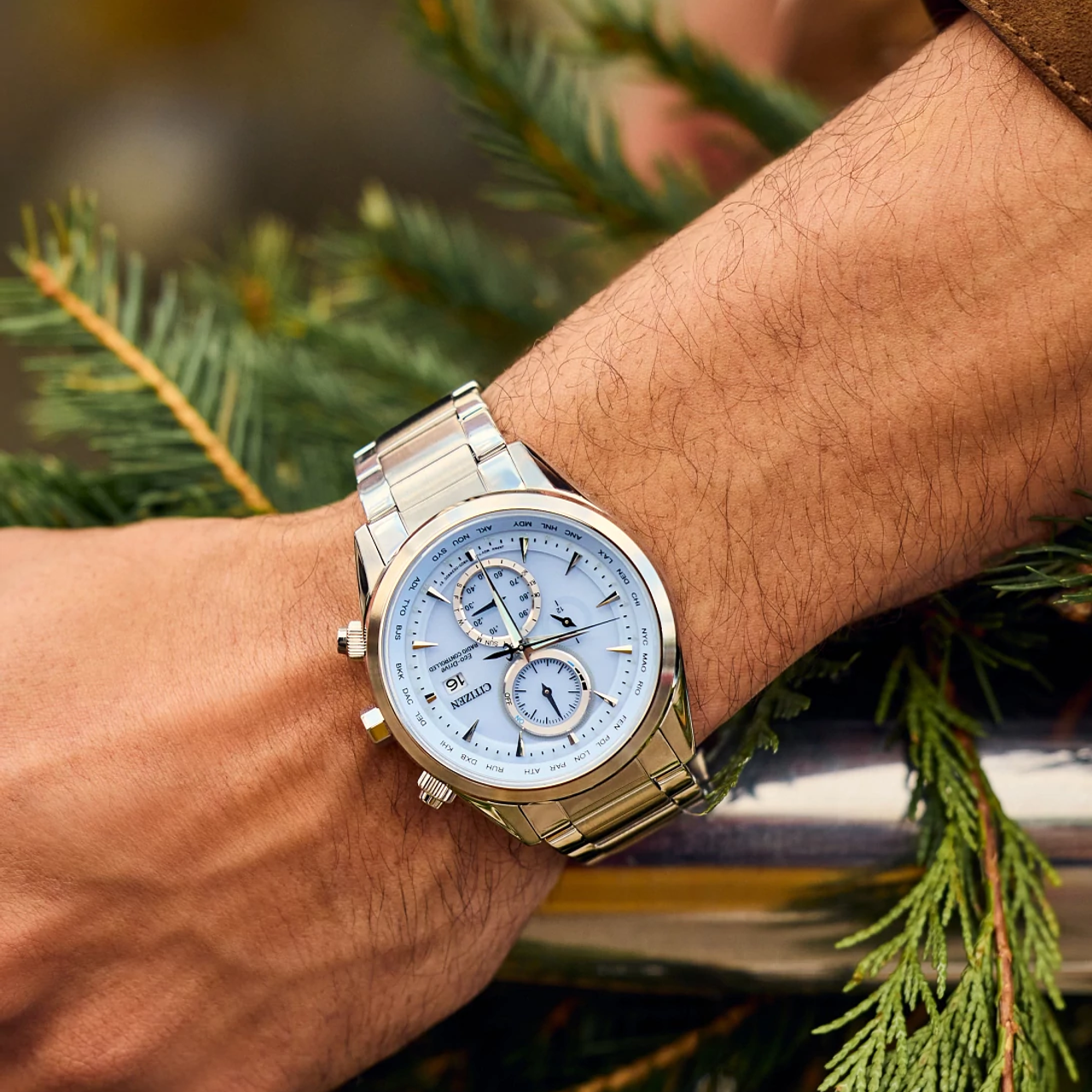 A silver stainless steel wristwatch with a light blue dial and matching blue subdials, worn on a person's wrist with green pine branches in the background.