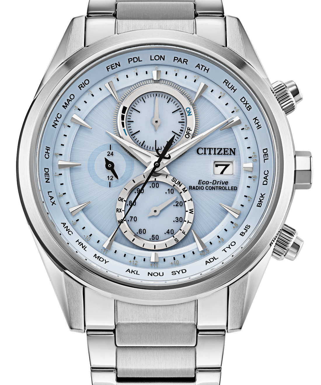 Citizen Eco-Drive World Time watch with a stainless steel link bracelet, featuring a light blue dial with multiple subdials and a silver bezel.