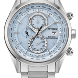 Citizen Eco-Drive World Time watch with a stainless steel link bracelet, featuring a light blue dial with multiple subdials and a silver bezel.