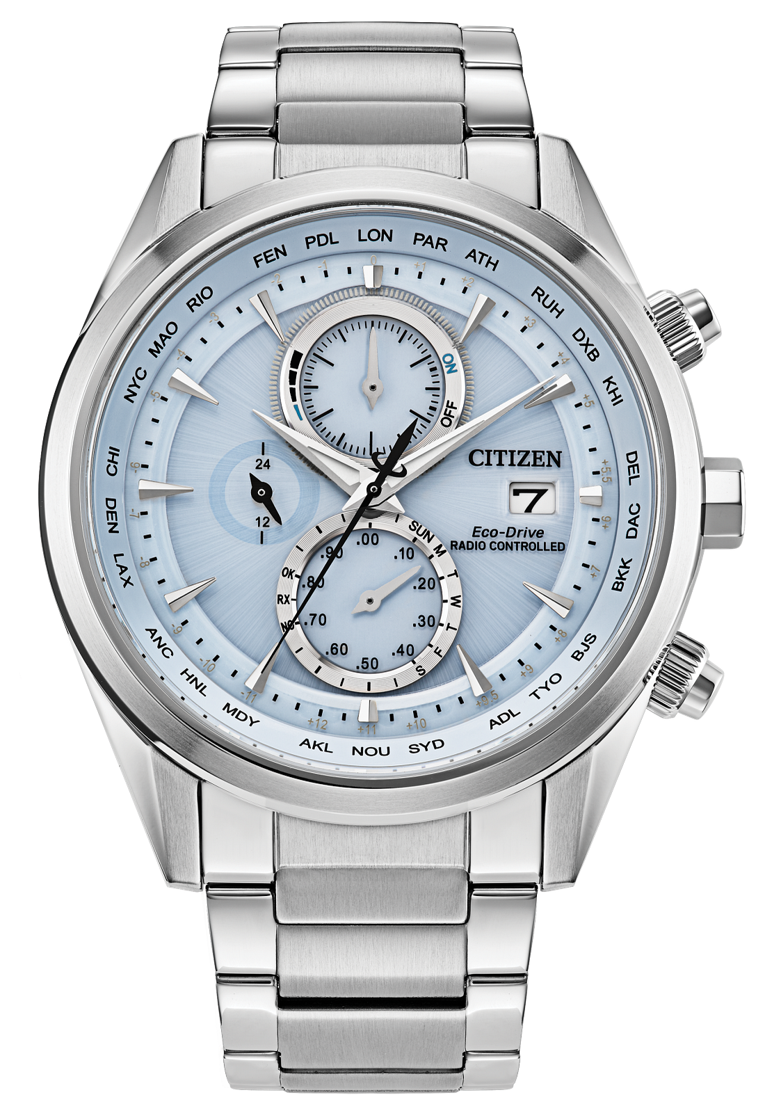 Citizen Eco-Drive World Time watch with a stainless steel link bracelet, featuring a light blue dial with multiple subdials and a silver bezel.