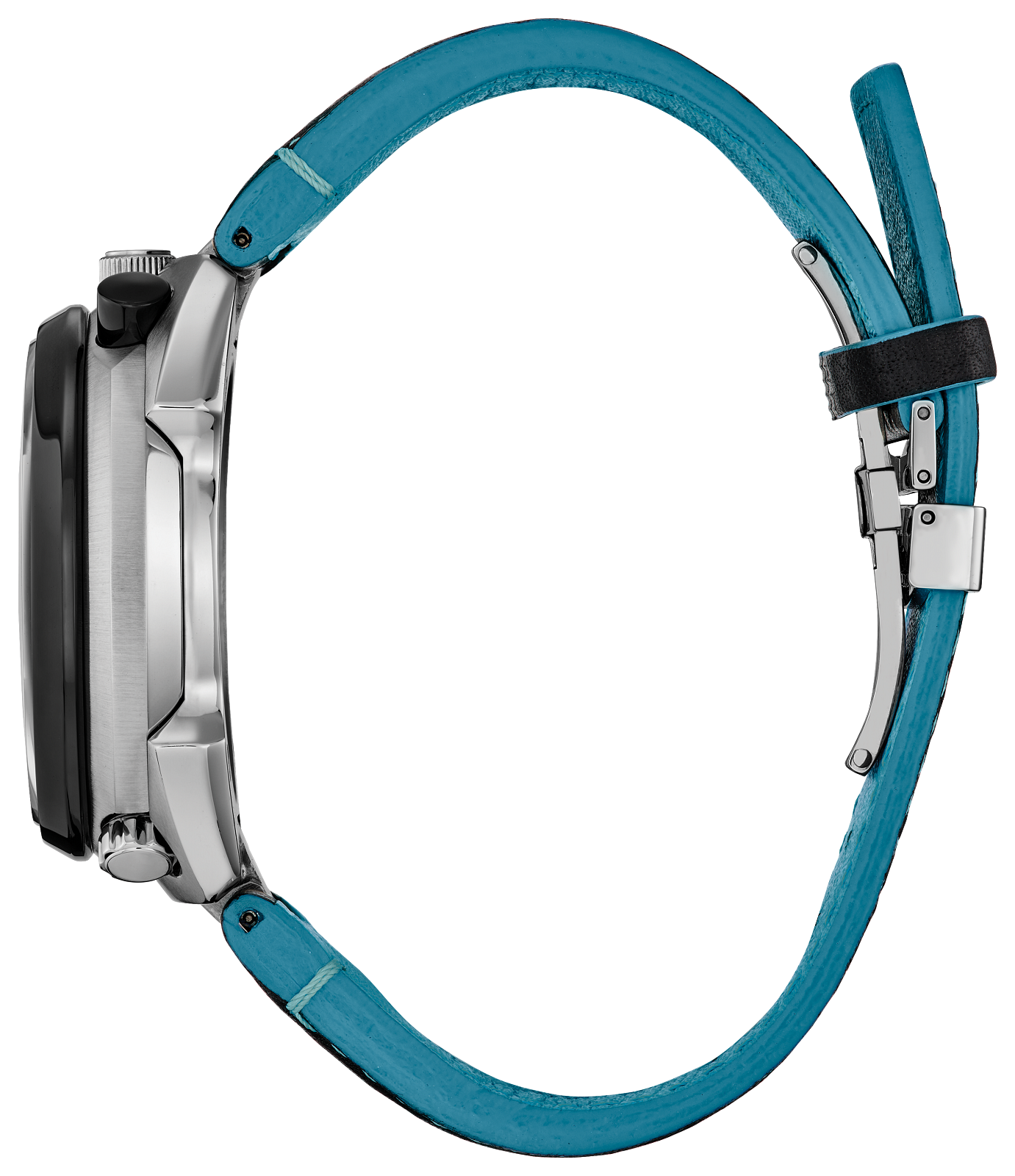 A close-up side view of a watch with a brushed silver-tone case and a bright turquoise blue leather strap on a plain white background.