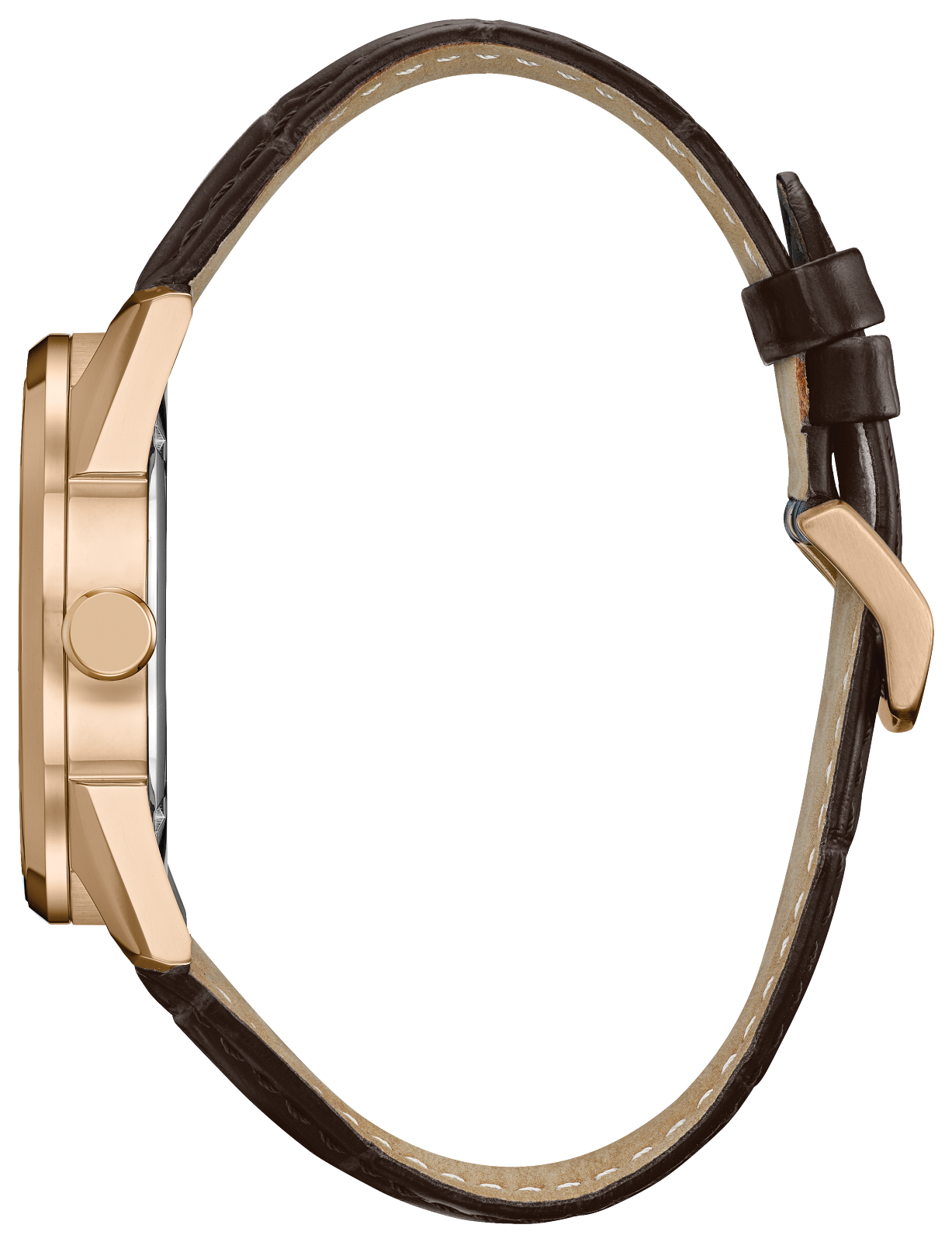 A side profile view of a watch with a rose gold case and a dark brown leather strap on a solid white background.