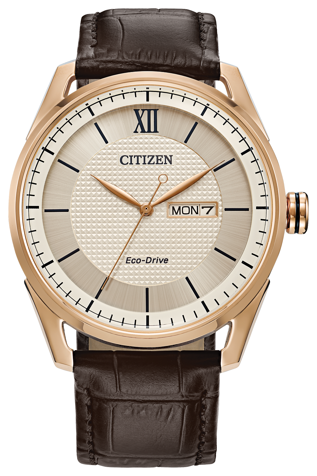 Citizen watch with brown leather strap and rose gold case on white background